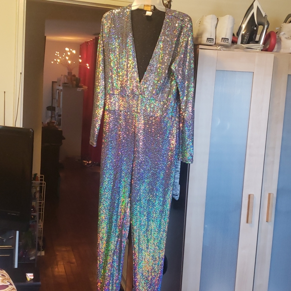 Iridescent Plunging Neckline One Piece Jumpsuit